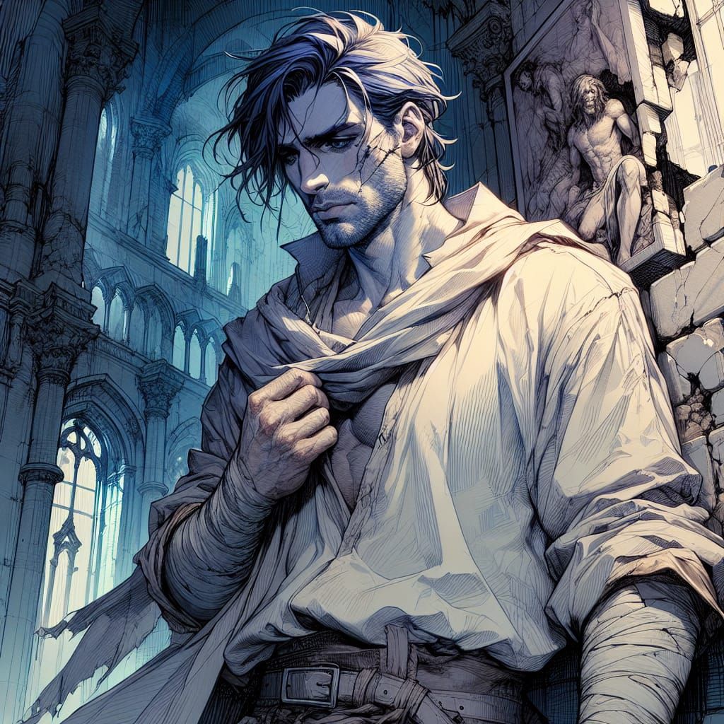 Grief-Stricken Man in Castle: Dark Fantasy Sketch