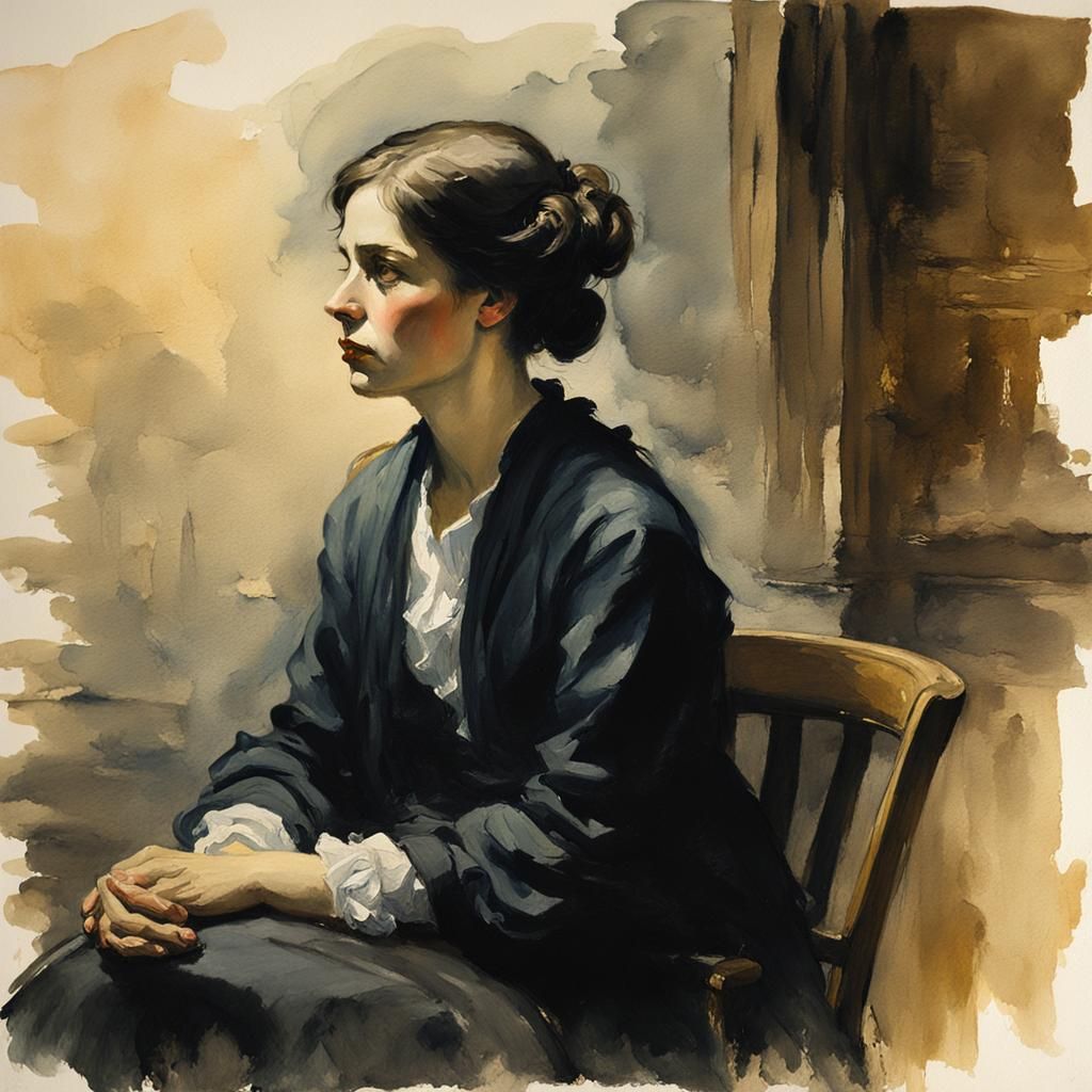 Pensive Woman in Gouache Watercolor Style