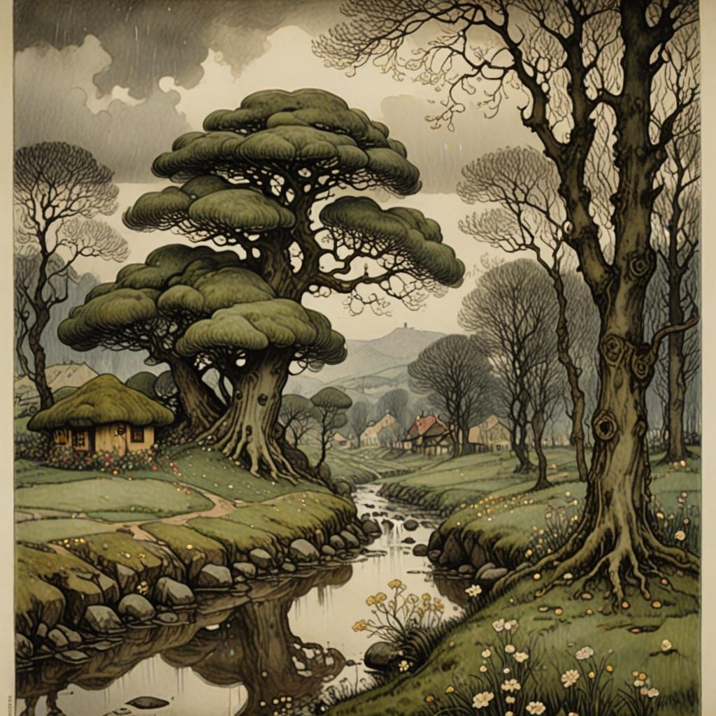 Enchanting Rainy Spring Landscape in Lithography Style