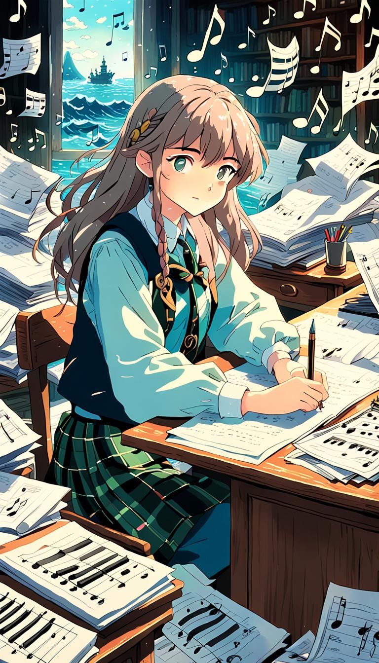Anime Clerk Surrounded by Music Notes in Miyazaki Style