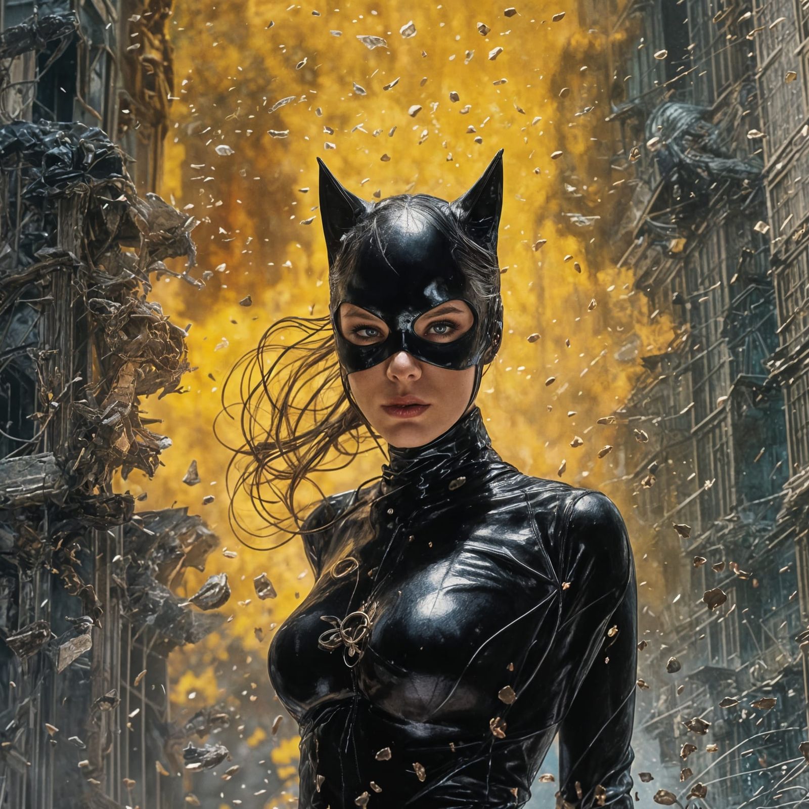 Cinematic Catwoman Emergence: Detailed Portrait