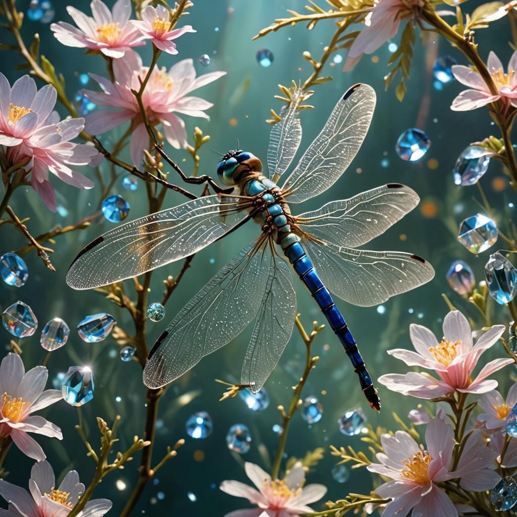Sparkling Crystal Dragonfly in Hyperrealistic Oil Painting