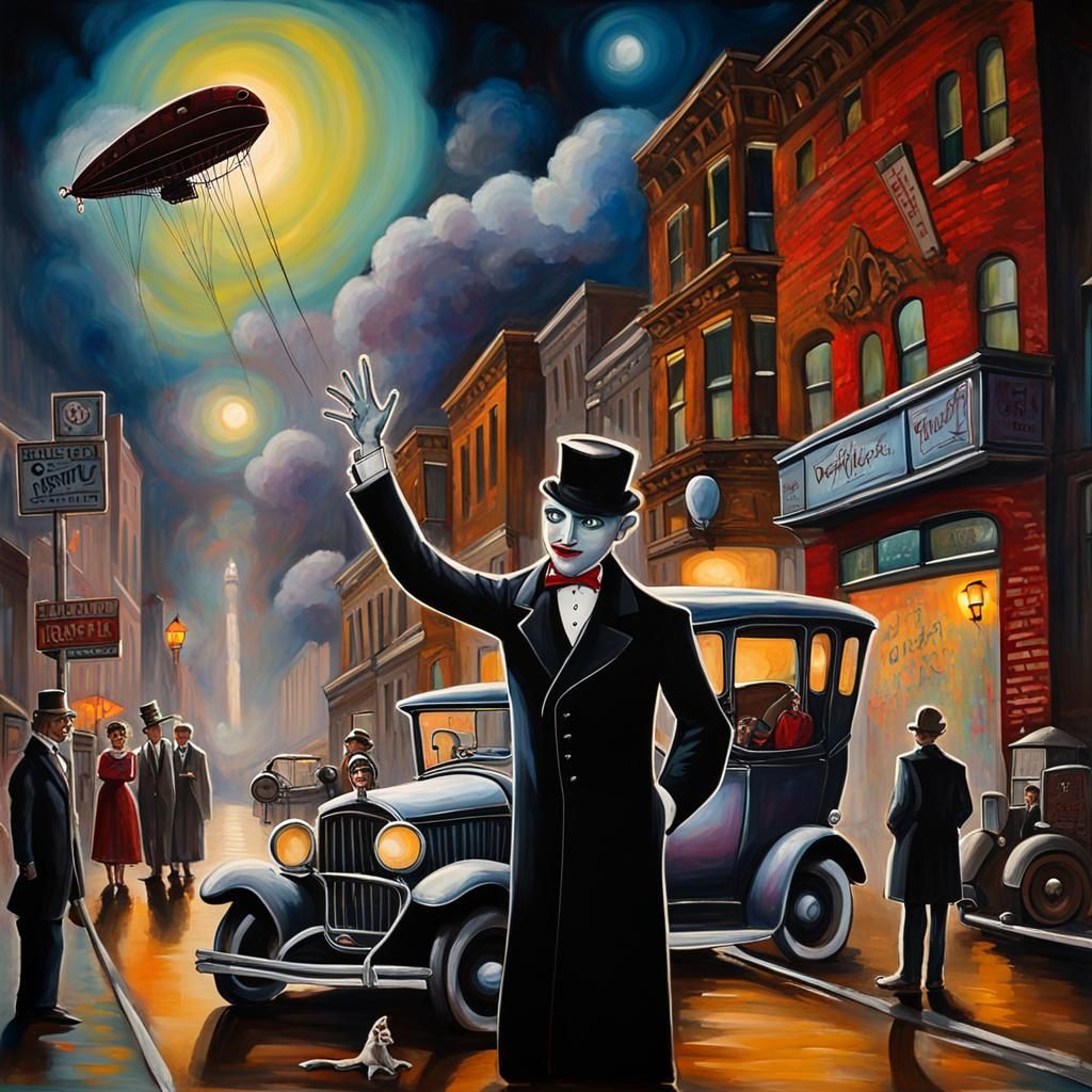 Gothic City Street Scene at Night with Dirigibles