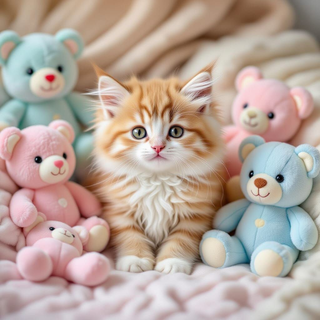 Fluffy Kitten Surrounded by Toys, Pastel Art