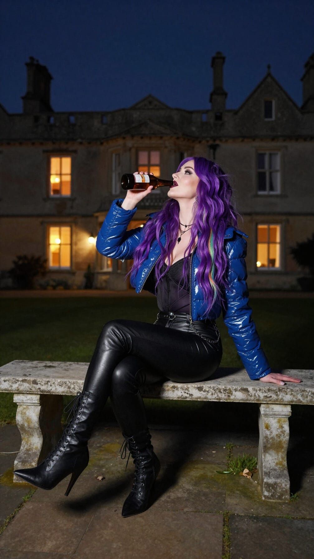 Woman Drinks Beer on Terrace Under Dark Night Sky