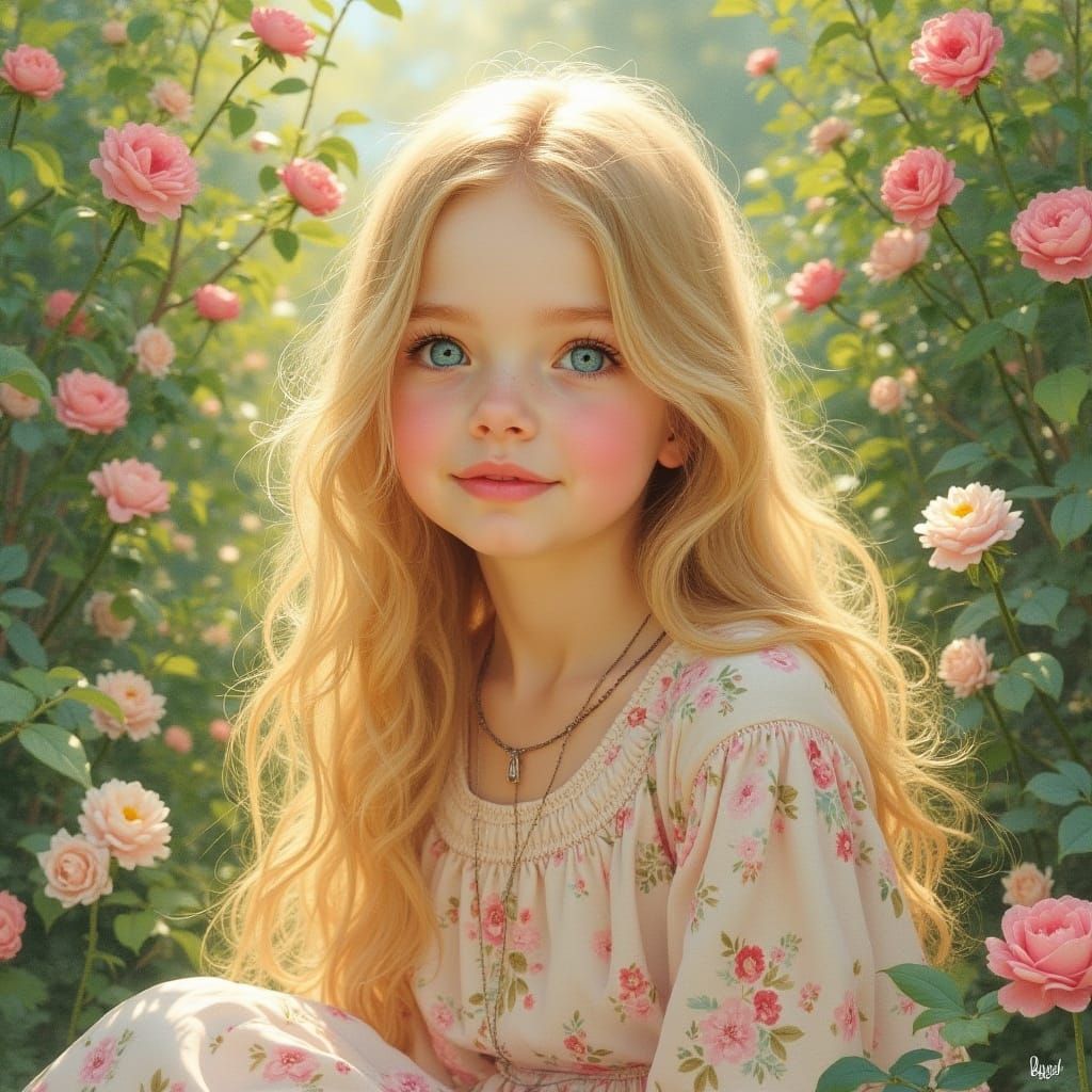 Dreamy Watercolor Portrait of a Gentle Girl in a Floral Gard...