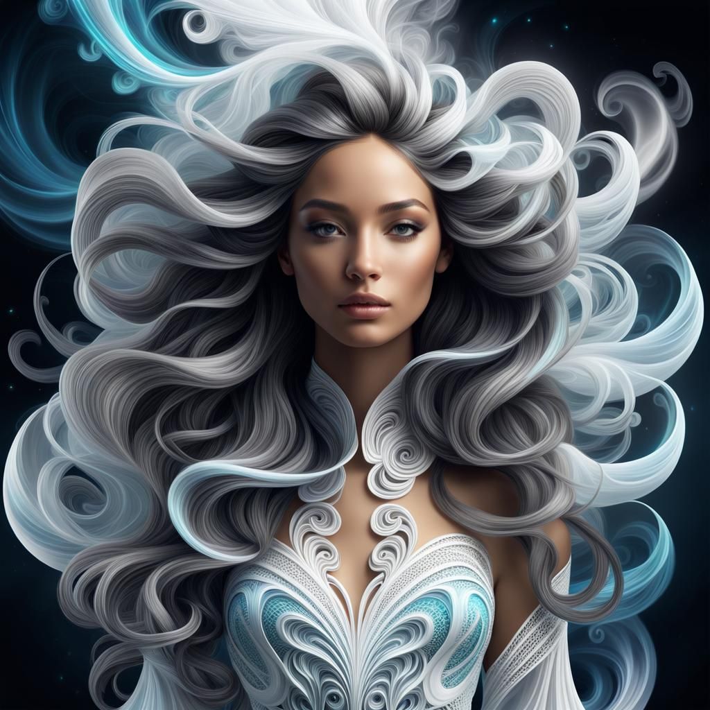 Woman with Cloud Hair: Holographic Cosmic Illustration