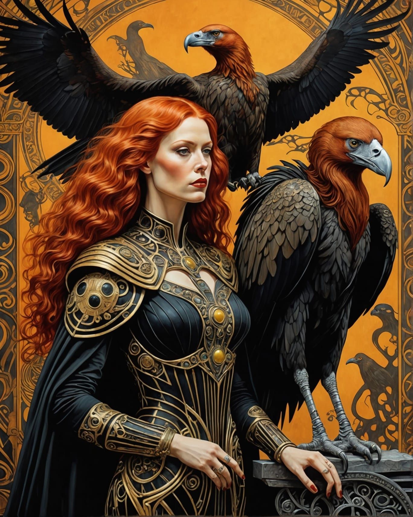 Surreal Bearded Woman with Vulture in Art Nouveau Style