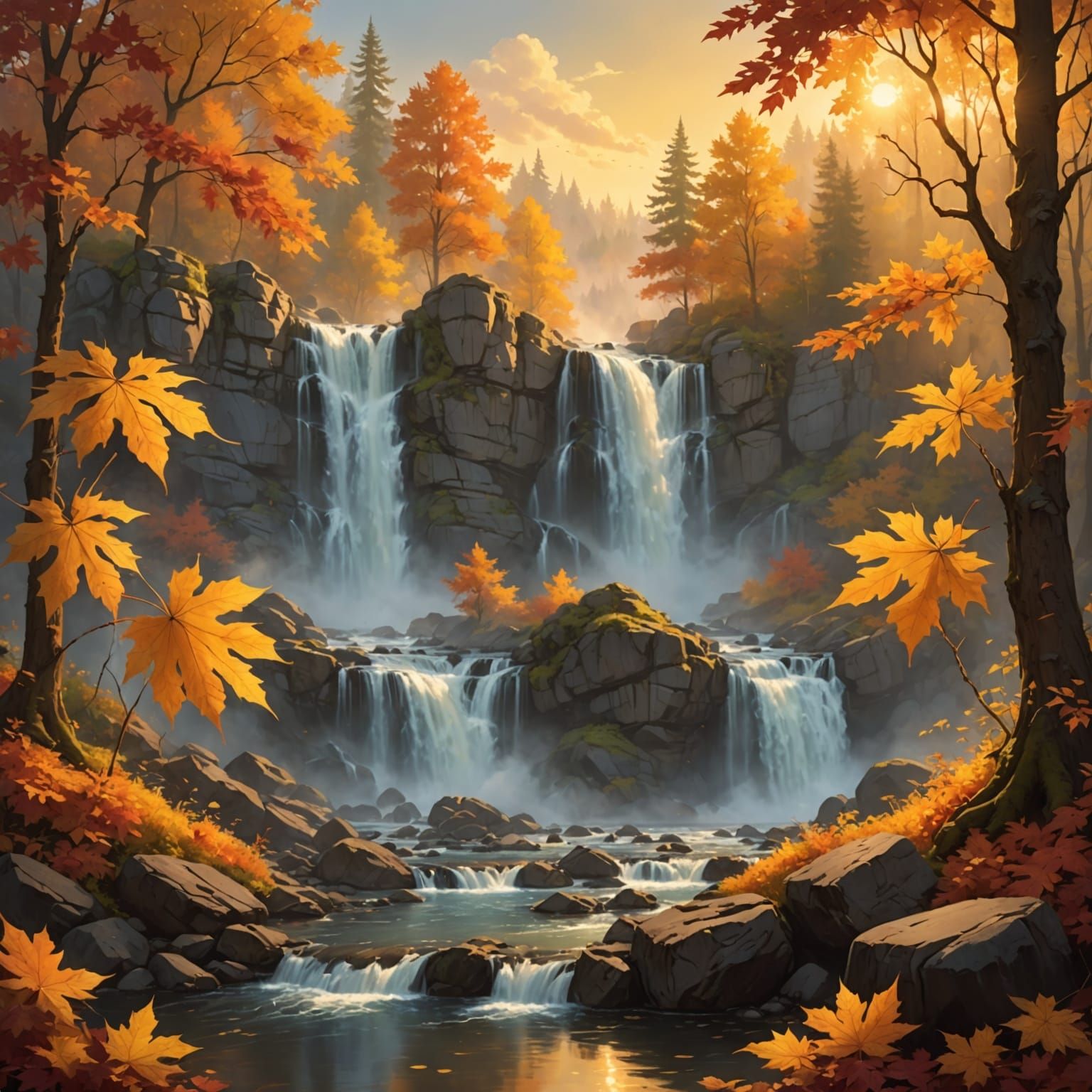 Golden Sunrise Over Misty Autumn Waterfalls