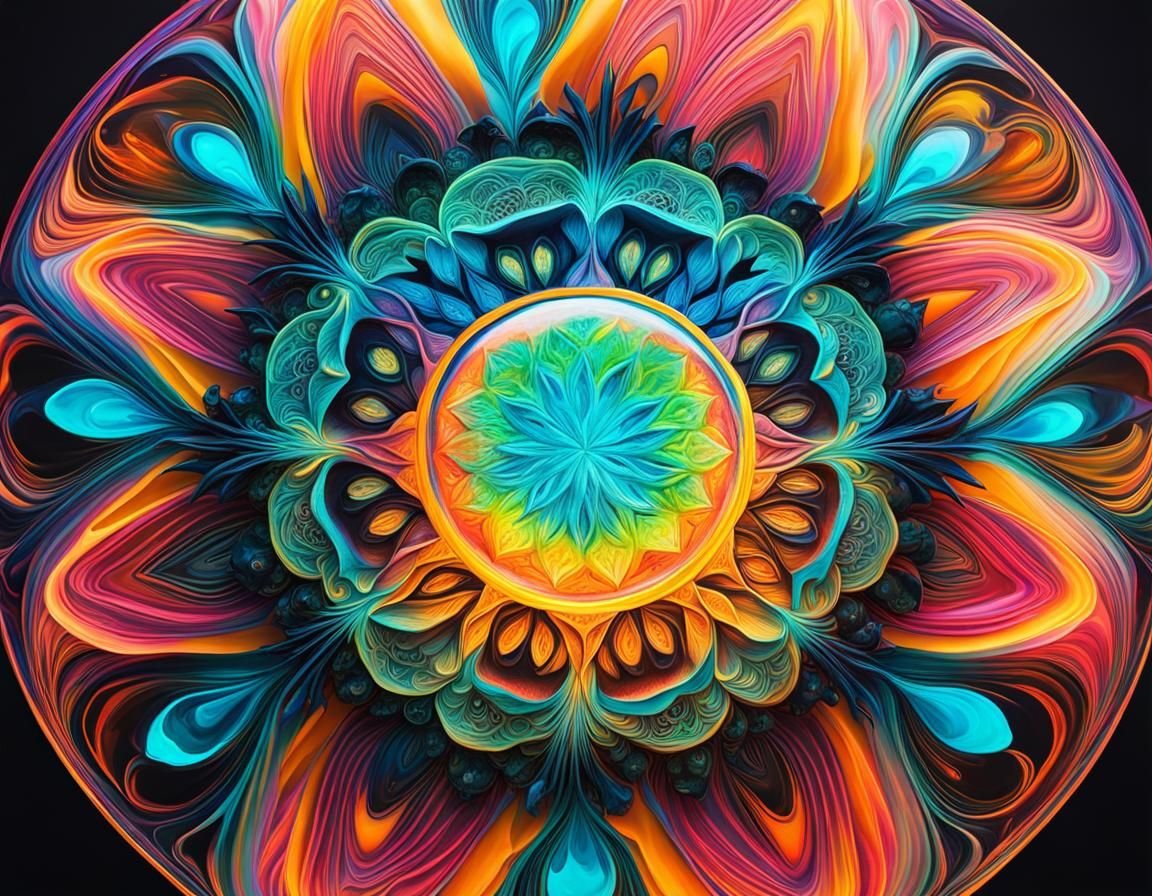 Neon Crystal Sphere Mandala on Tropical Beach