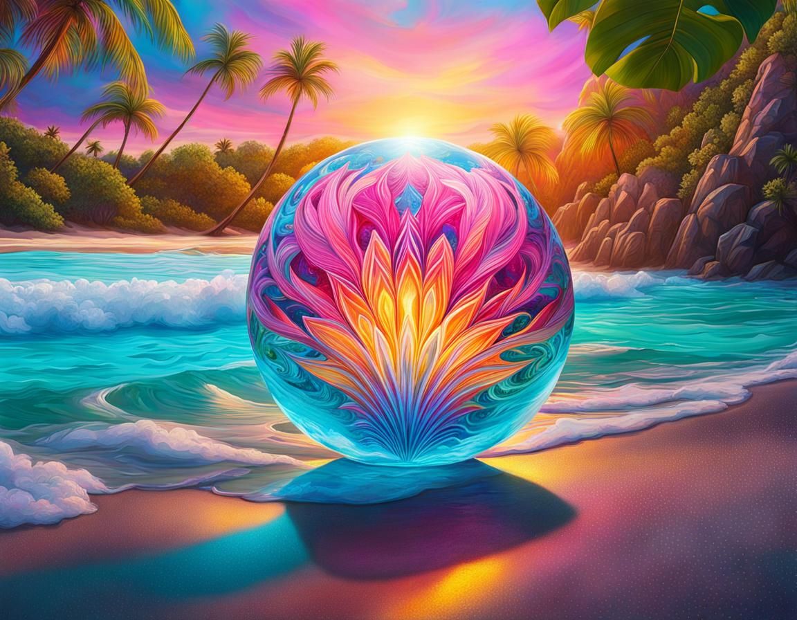 Neon Crystal Sphere Mandala on Tropical Beach