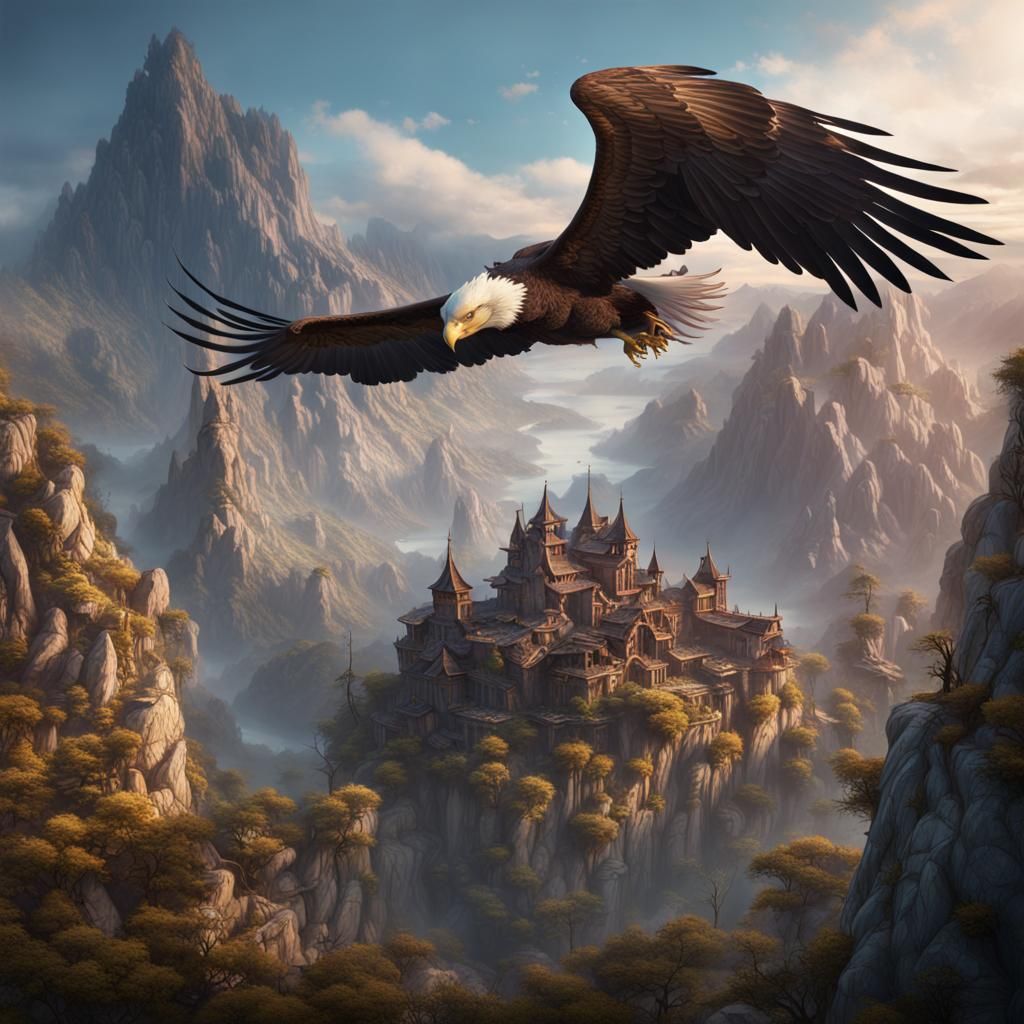 Eagle Nest Over Mountains: Detailed Matte Painting