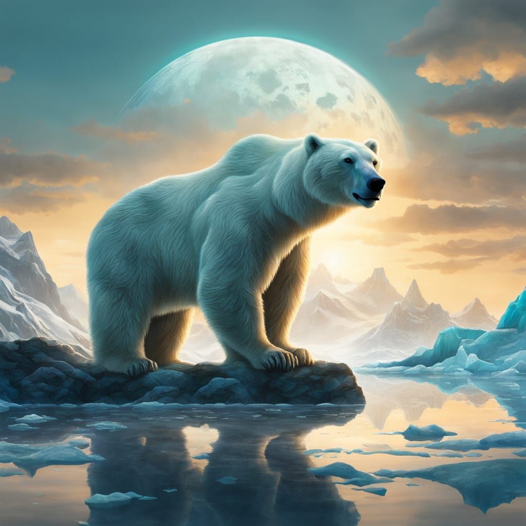 Majestic Polar Bear on Crystal Iceberg in Ethereal Landscape