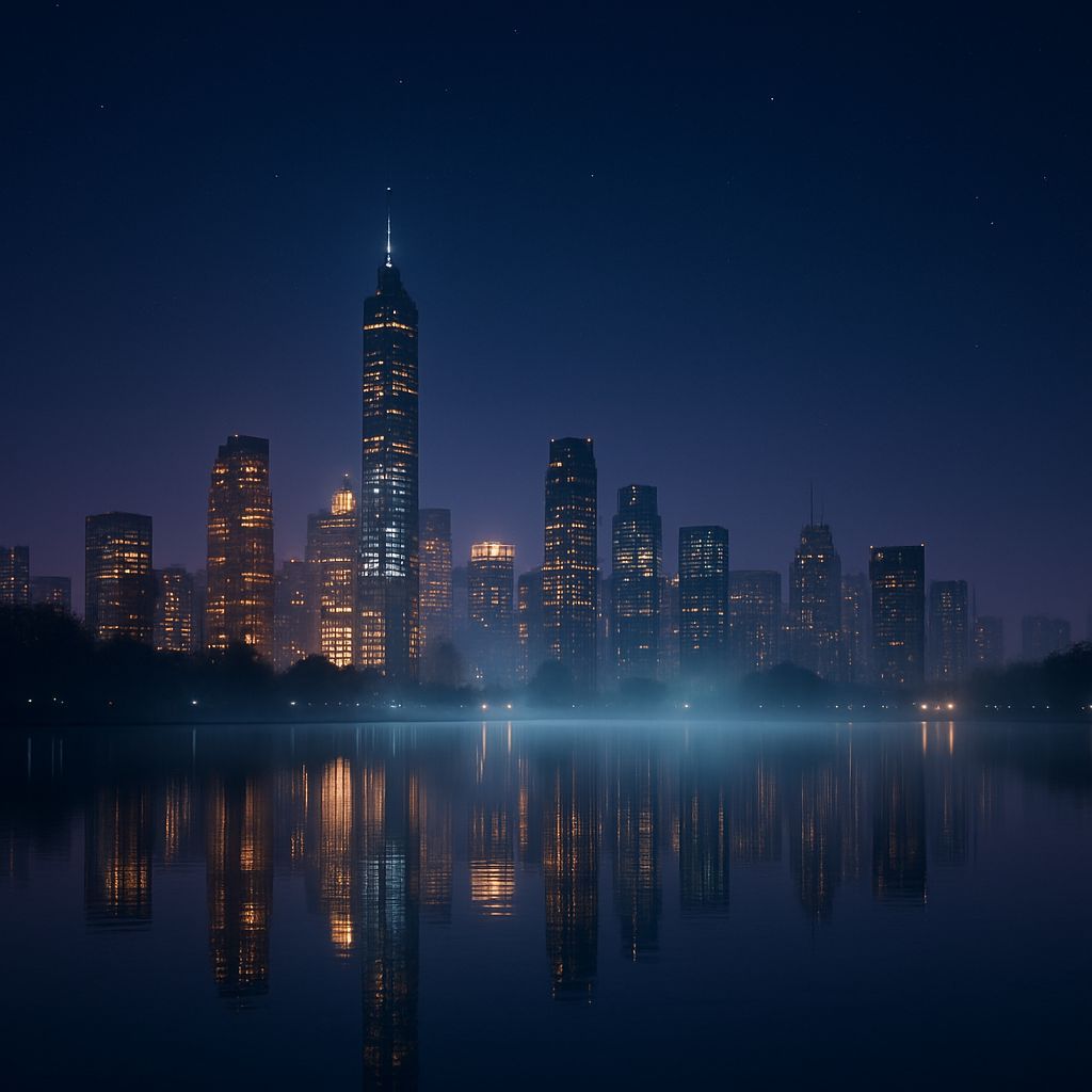 Cityscape Reflection in Lake at Night