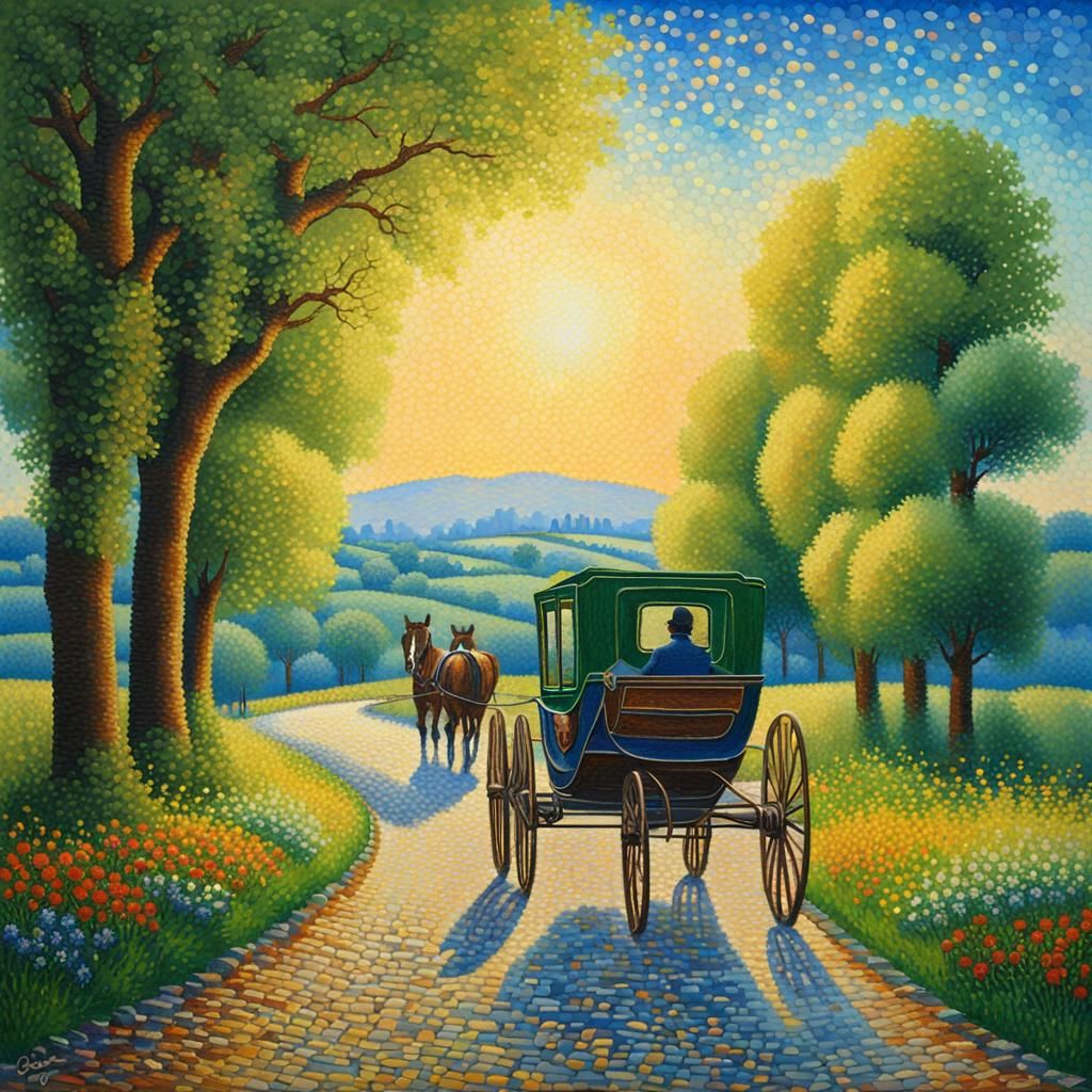 "Obra maestra realizada en estilo puntillismo de paisaje del...