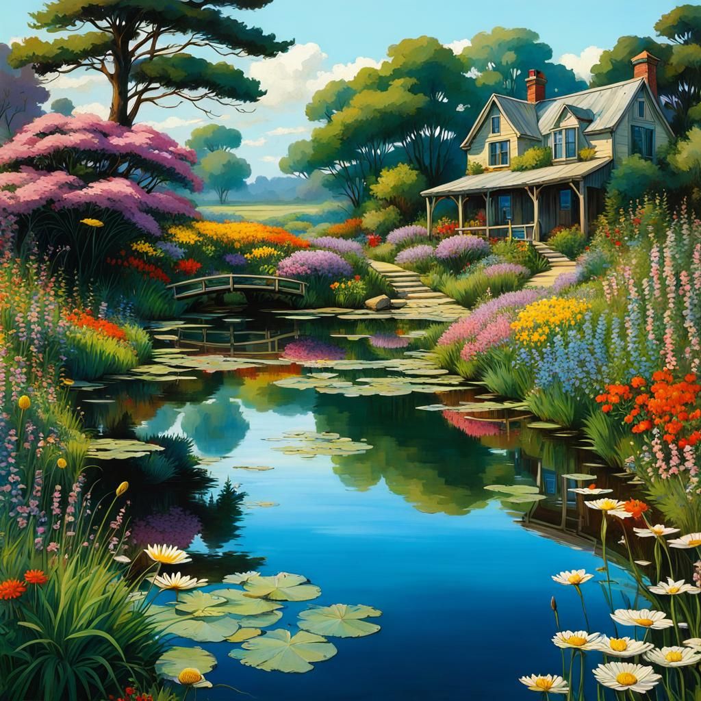 Idyllic Pond Scene in Waterhouse Style