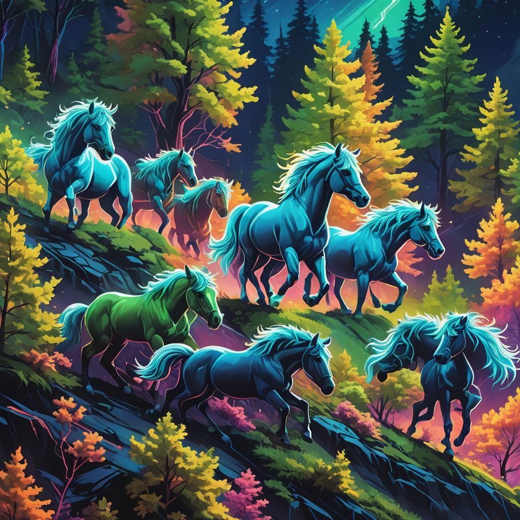 Miniature Horses Galloping up Neon Mountain