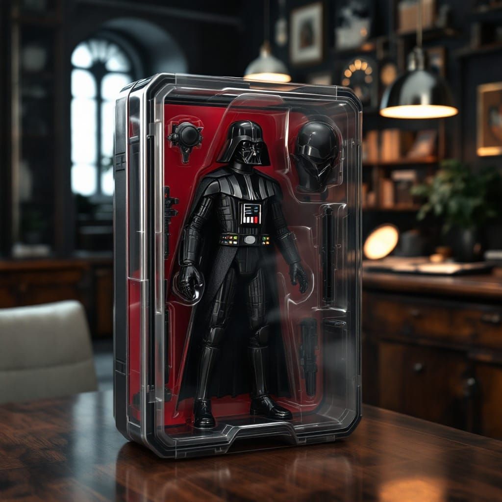 Darth Vader Action Figure in Retro-Futuristic Space Office