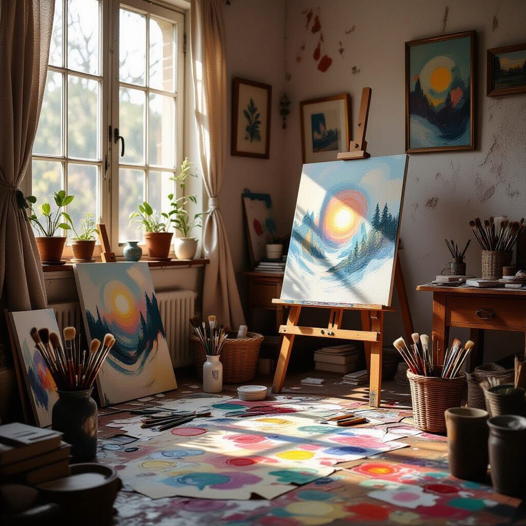 Serene and Cluttered Art Studio in Muted Colors