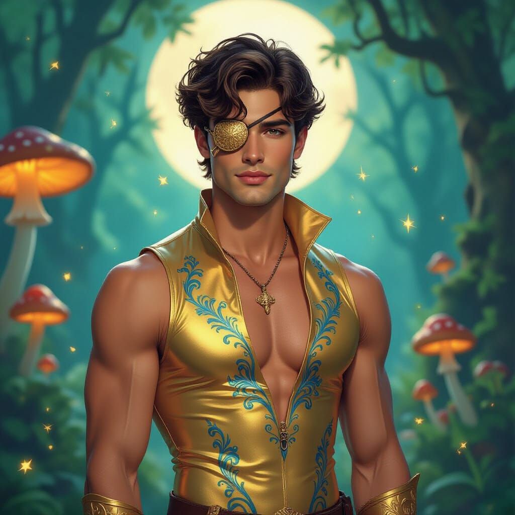 Man with Eyepatch in Bioluminescent Forest, Impressionist St...