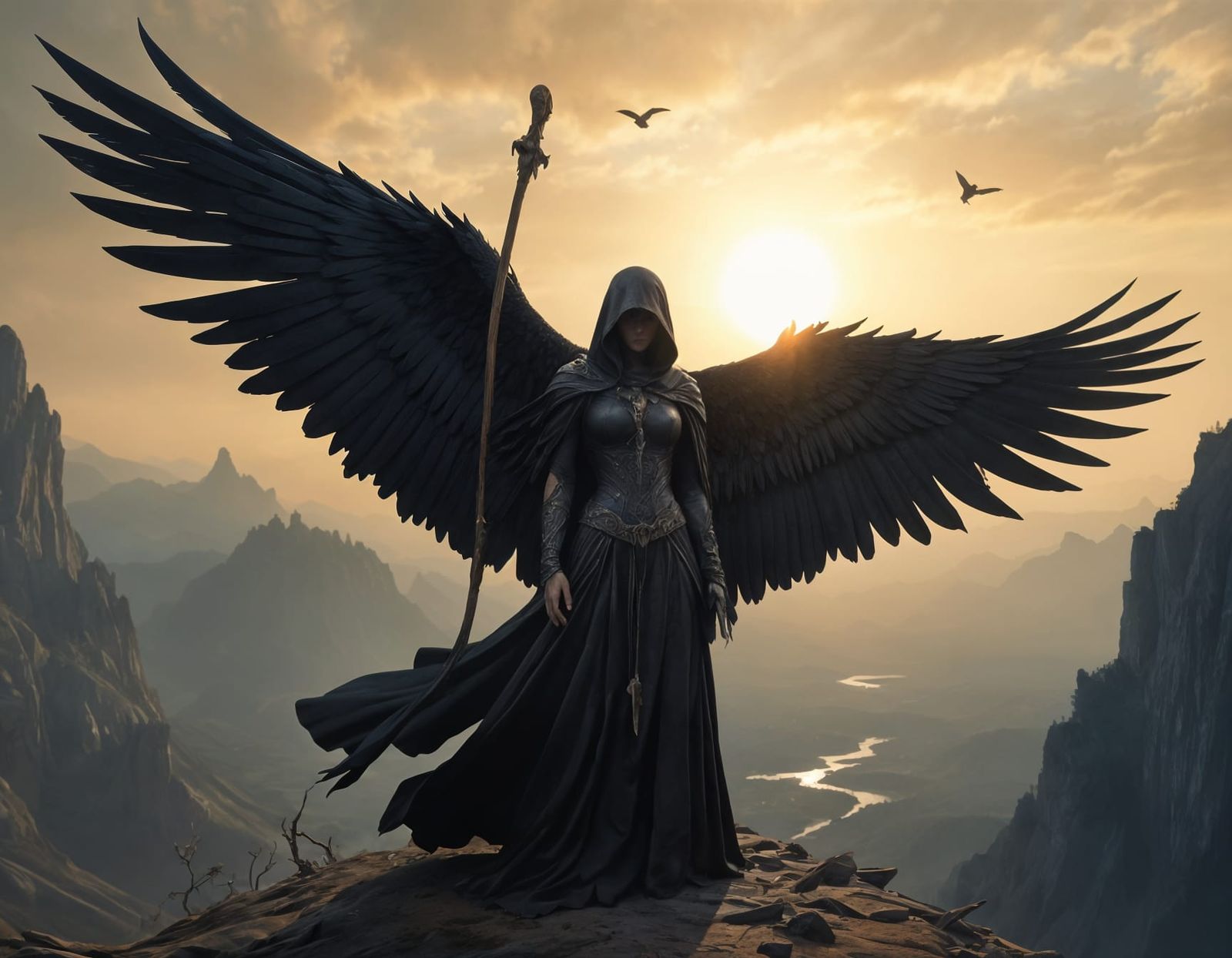 Majestic Angel in Dramatic Pose with Gigantic Raven Wings