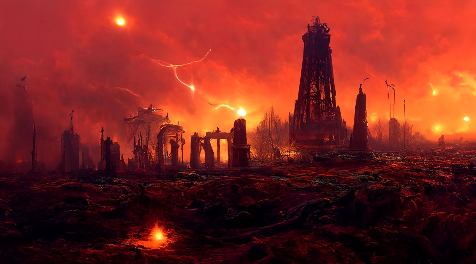 Fiery Apocalyptic Sci-Fi Ruins on Alien World