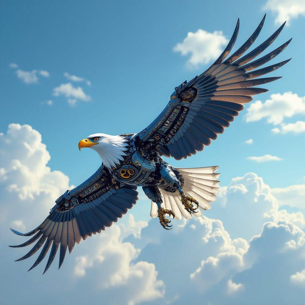 Robotic Eagle Made of Nuts and Bolts Soars in Detailed Sky