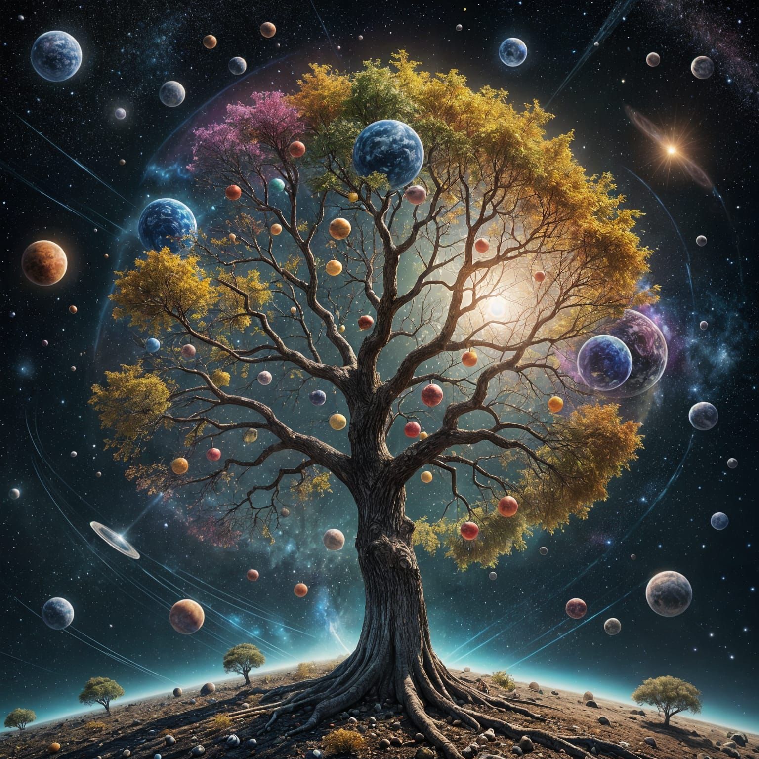 Cosmic Tree of Planets in Starry Sky