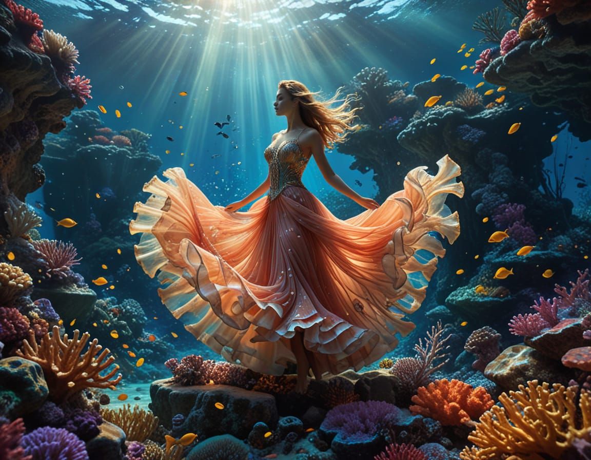 Graceful Woman Dances in Coral Reef Digital Matte Painting