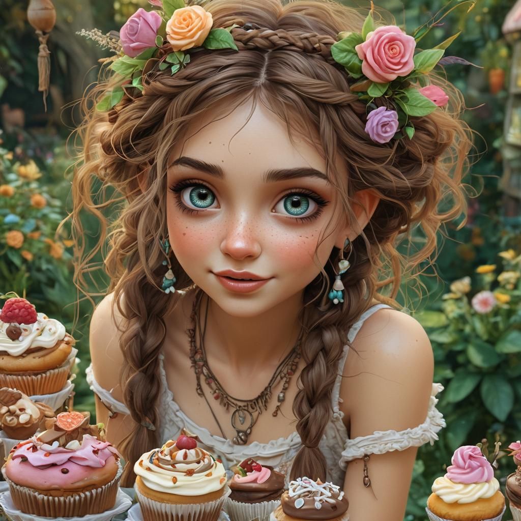 Whimsical Boho Pixie with Cupcakes in Digital Art