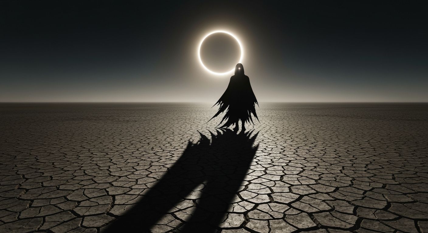 Eclipsed Figure in Dark Surreal Landscape
