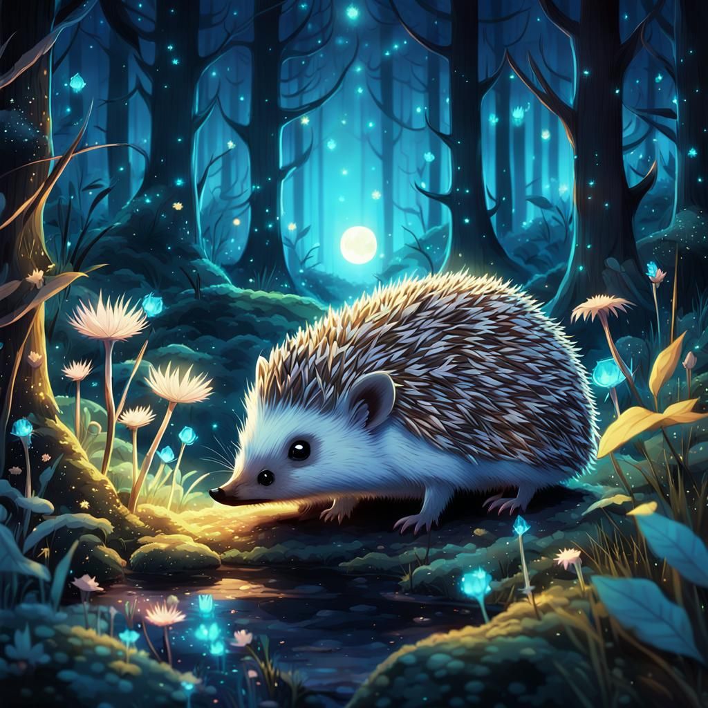 Moonlit Hedgehog in Bioluminescent Anime Forest