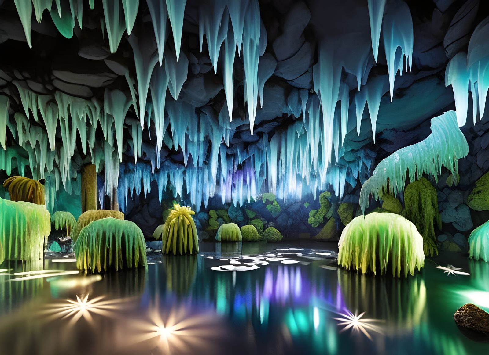 Alien Crystal Forest in Ice Cavern with Nebula View