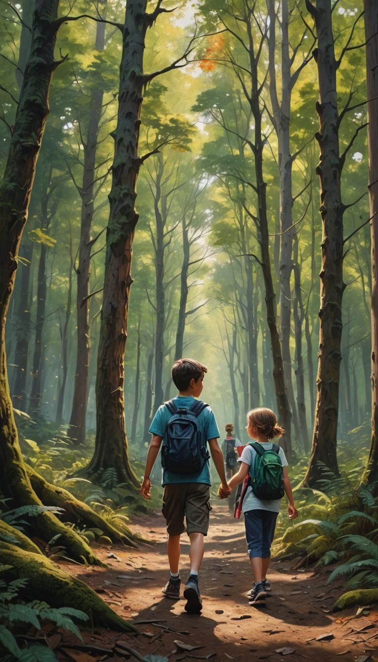 Brother and Sister in Hyperrealistic Forest Walk