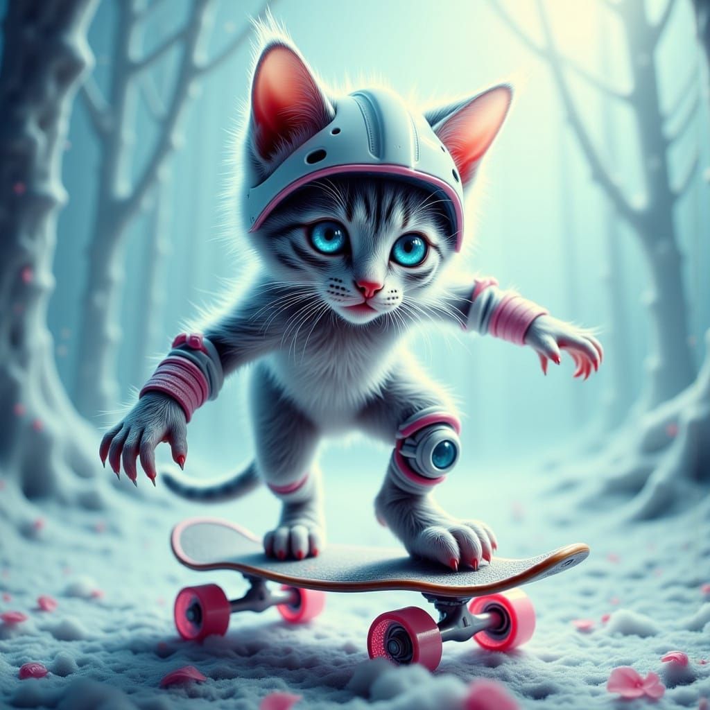 Whimsical Pop Surrealist Kitten on Skateboard in Dreamlike L...