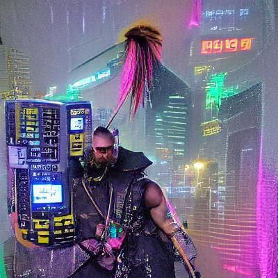 Cyberpunk Viking Warrior in Neon Armor