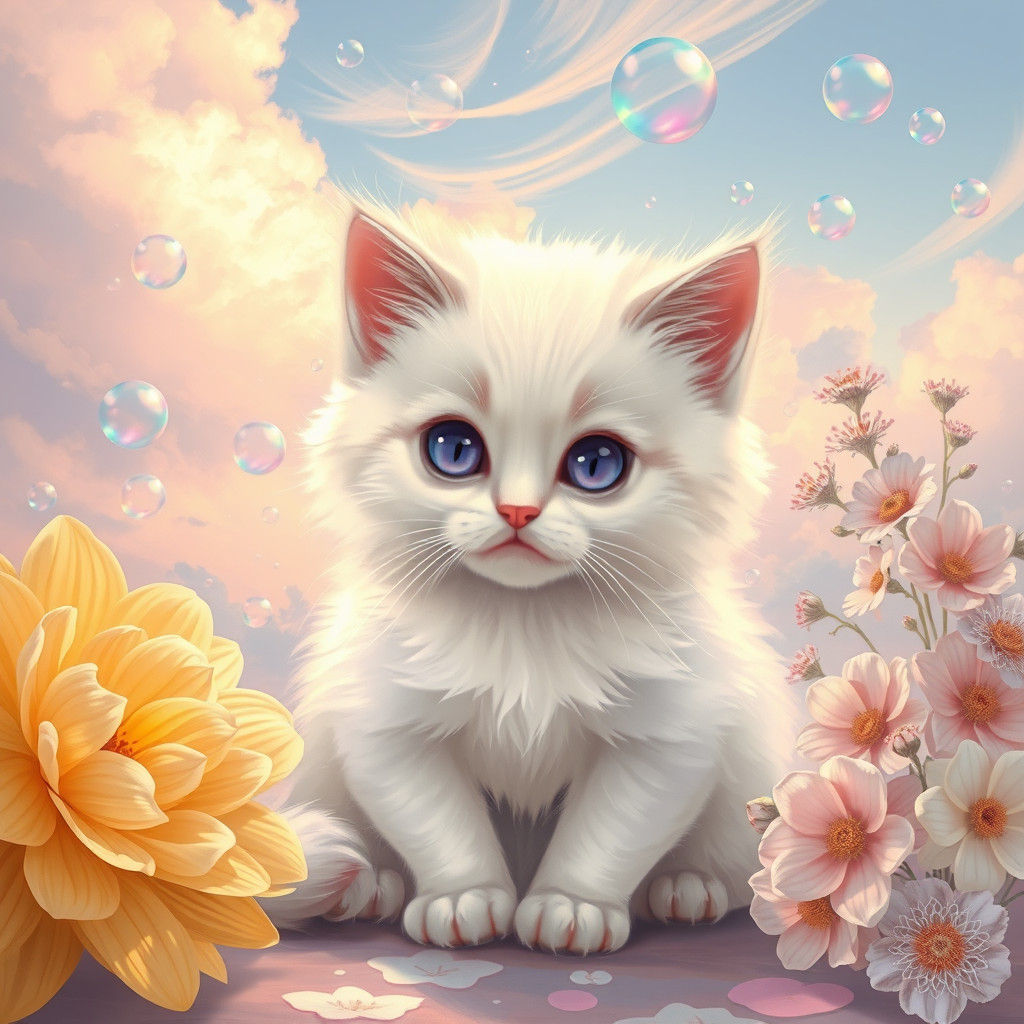 Kitten with Amethyst Eyes in Dreamy Impressionist Scene