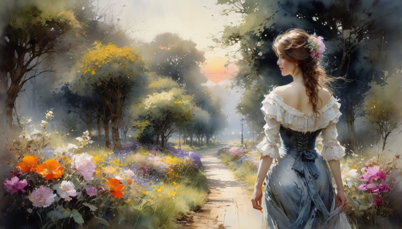 Victorian Woman's Sunrise Walk: Watercolor Painting