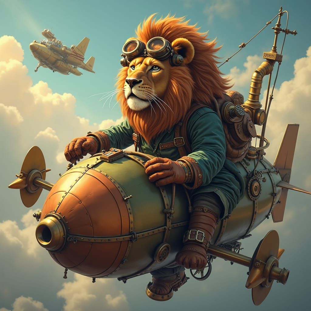 Steampunk Lion Airship Pilot in Detailed Matte Painting
