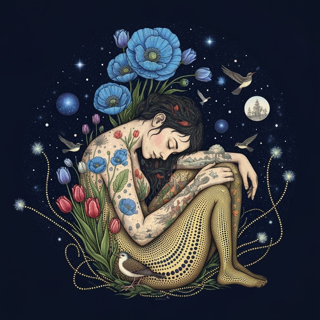 Dreamlike Woman Intertwined with Nature and Stars