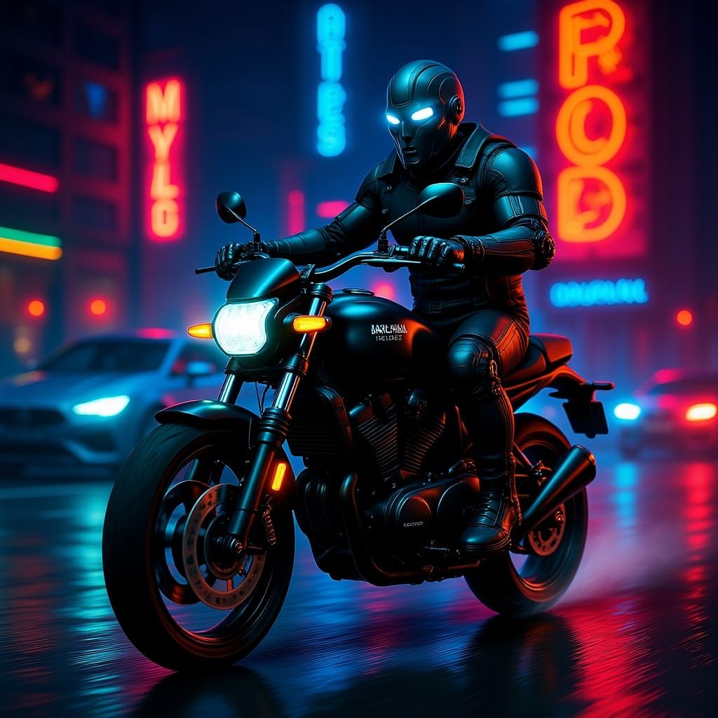 Cybernetic Rider on Futuristic Harley Davidson Street