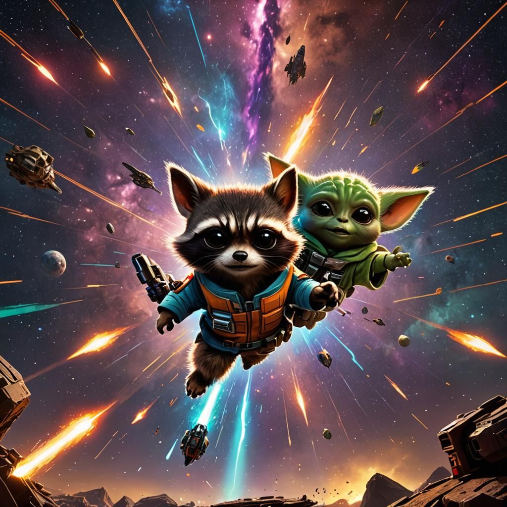 Epic Fight: Rocket Racoon and Baby Yoda in Space