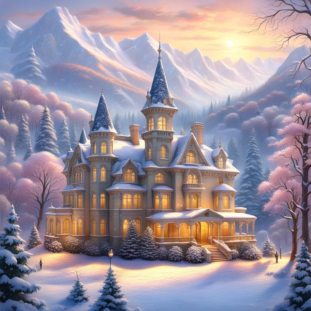 Snowy Mansion in Winter Landscape, Romanticism Style
