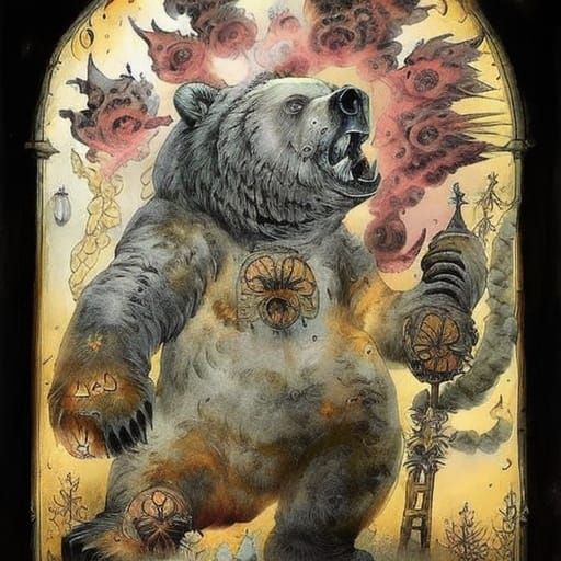 Astral Bear in Flames, Ink Wash Gouache Style