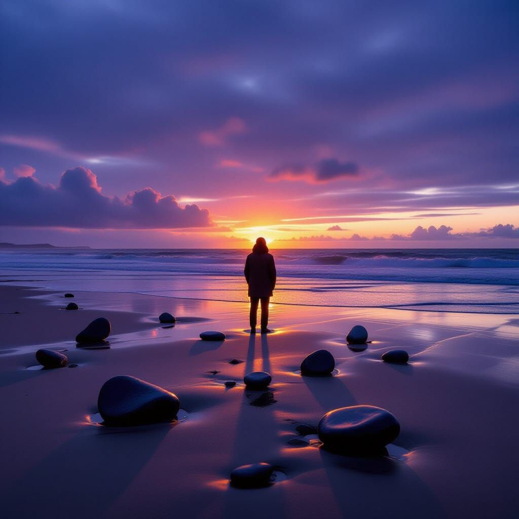 Figure on Windswept Beach Gazing at Turbulent Sea