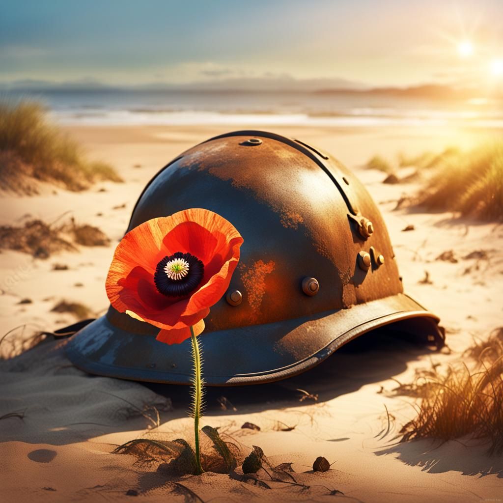 Poppy Blooms Atop War Helmet at Golden Hour