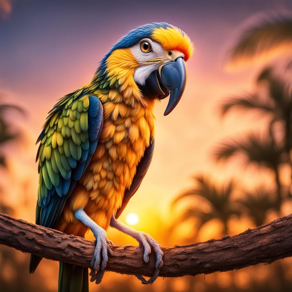 Golden Hour Parrot: Sharp Focus Composite Photograph