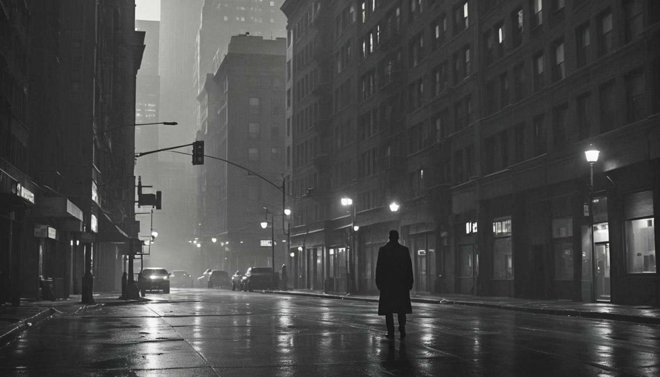 Noir Cityscape with Lone Figure in Golden Hour