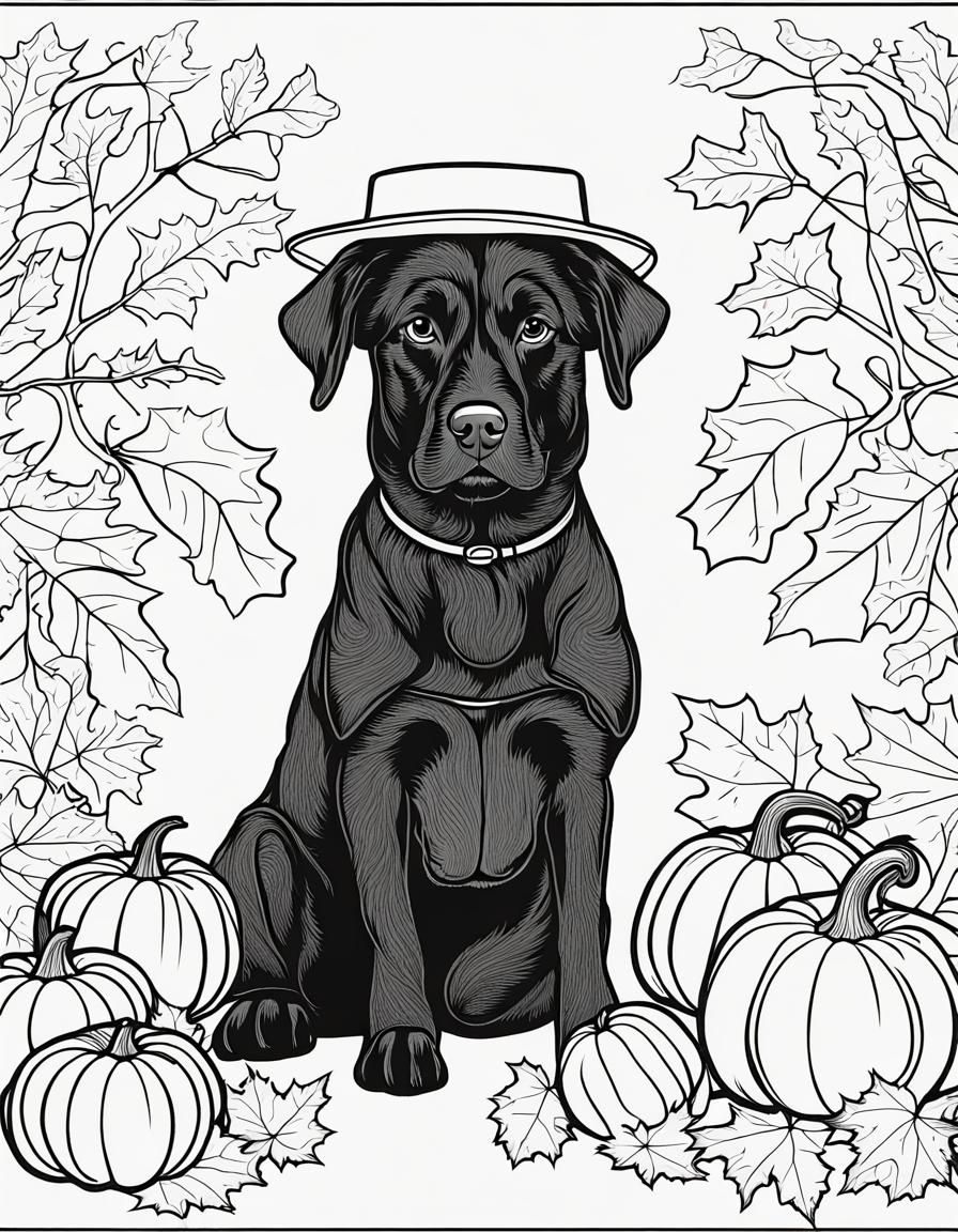 Thanksgiving Black Dog Coloring Page With Pumpkins