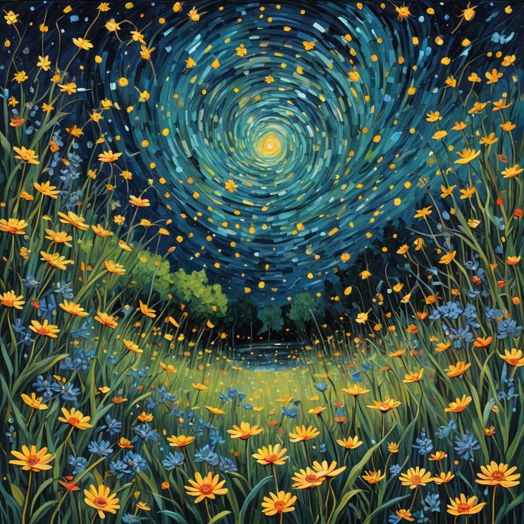 Fireflies Vortex Night Sky, Post-Impressionist Painting